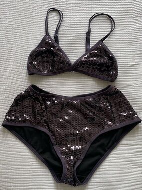 Urban Outfitters Sequin Sparkly Bralette and High-Waist Briefs - Dark Purple
